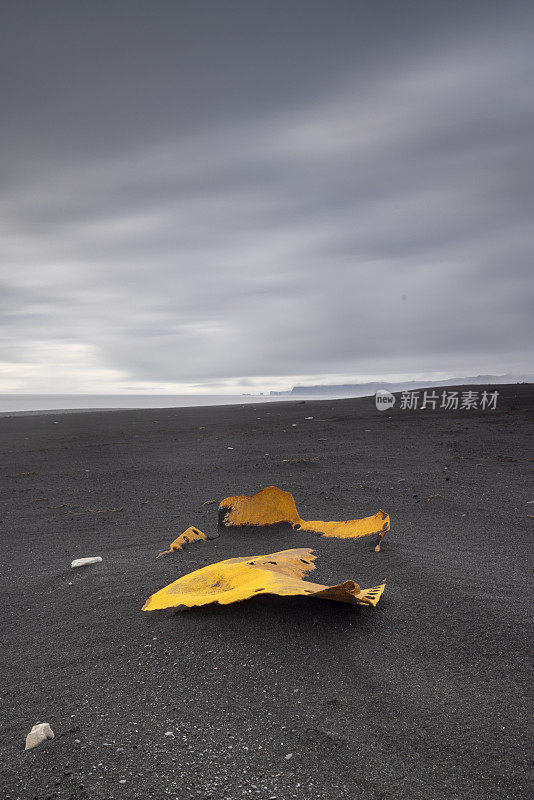 rusty wreck on the black sand beach near Hjörleifshöfði, a volcanic mountain in southern Iceland